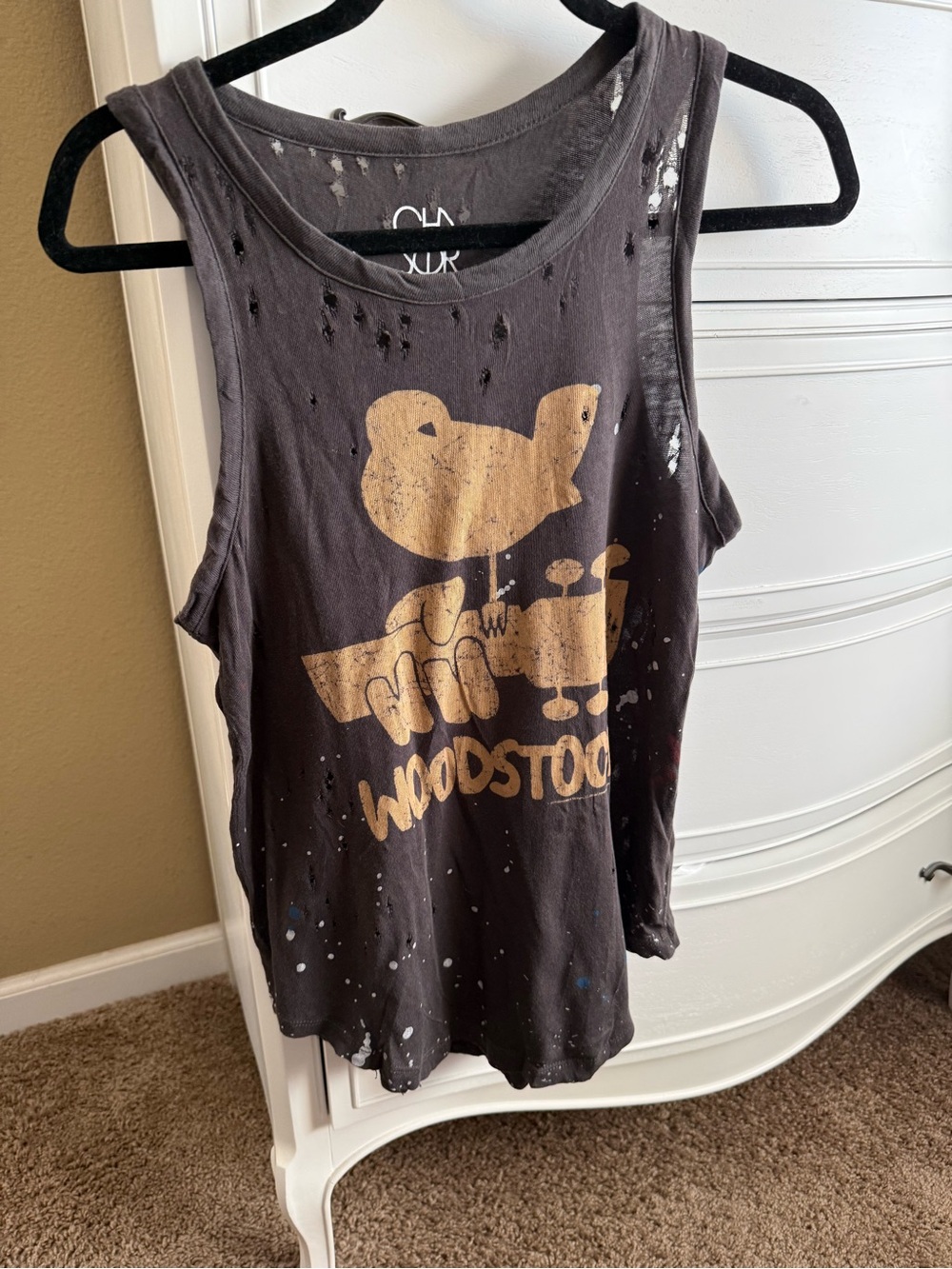 Vintage Free People Black Tank Top with Gold Woodstock Graphic